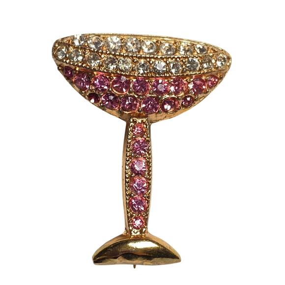 Pink Rhinestone Champagne Glass Brooch Gold Tone Cocktail Drink Pin Sparkly - Picture 1 of 10